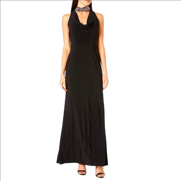 Cachet Women's Black Sleeveless Beaded Choker Drape Cowl Neck Evening Gown 14 - Picture 1 of 7
